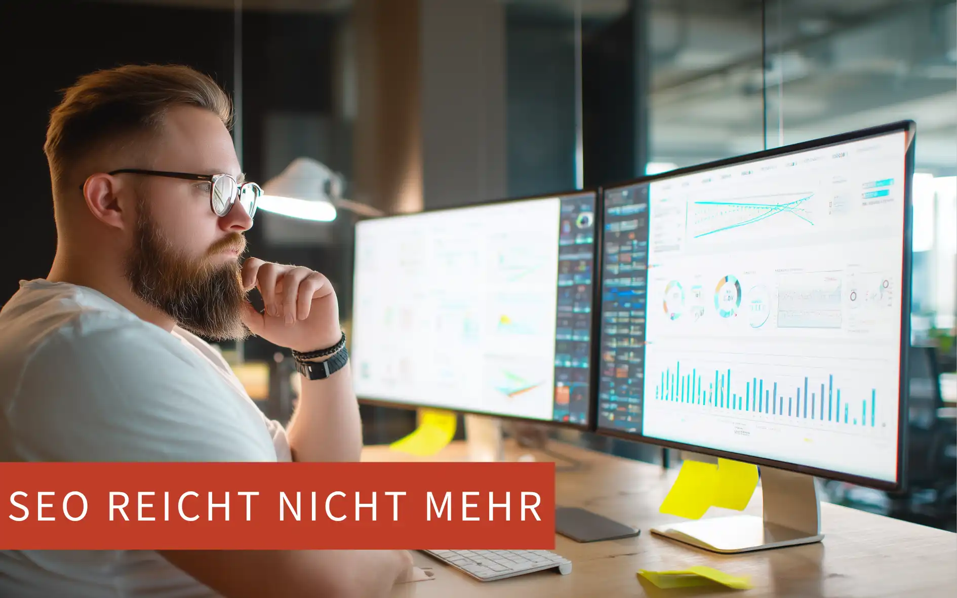 Analytiker mit Bart betrachtet Datenvisualisierungen auf zwei Monitoren – Hinweistext „SEO reicht nicht mehr“ für moderne Online-Marketingstrategien